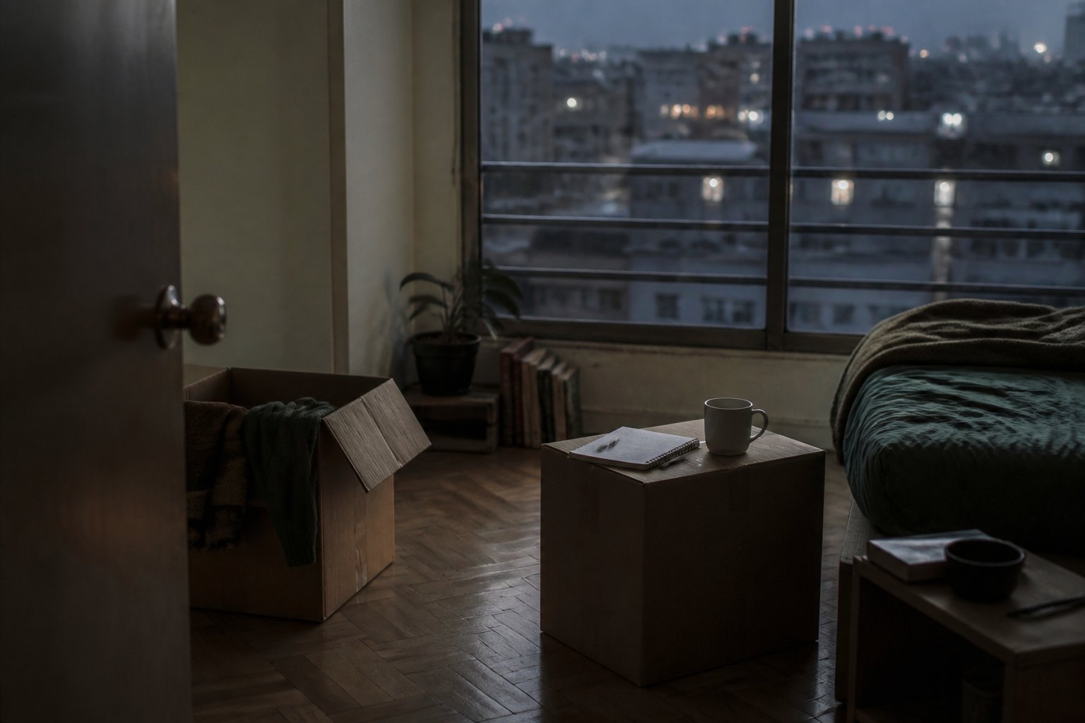 Objetos cotidianos todavía improvisados entre cajas en una habitación nueva