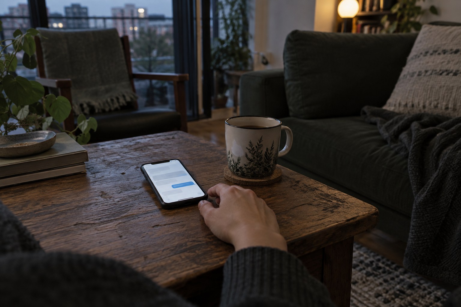 Una mano junto a un teléfono con una conversación abierta, en la espera de una respuesta