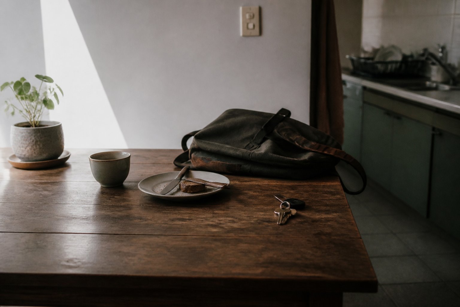 Un desayuno detenido junto a un bolso preparado y unas llaves