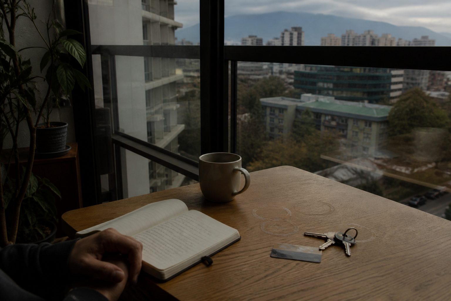 Un cuaderno abierto y huellas circulares que se repiten sobre una mesa frente a la ciudad de Santiago